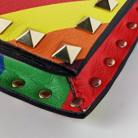 SOLD Valentino Foldover Large Rockstud Wristlet Rainbow 1973 Leather Clutch - Picture 7 of 8